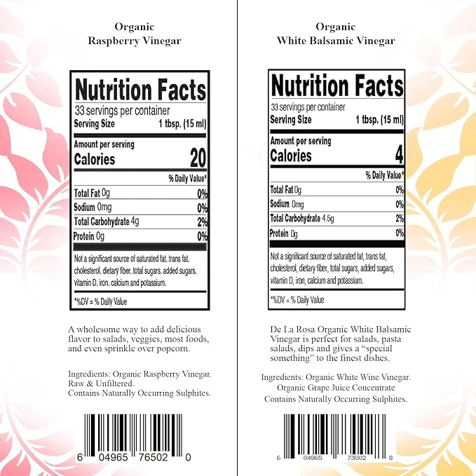 De La Rosa Organic Raspberry and White Balsamic Vinegar Vegan Kosher Non-GMO &amp Gluten Free Great for Salad Dressings Marinades and More 16.9 Oz (pack of 2)