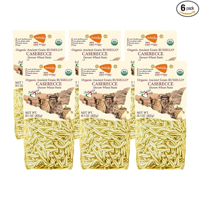 6 PACKS ORGANIC ITALIAN SEMI WHOLE DURUM WHEAT CASERECCE PASTA – Sicilian Ancient Grain Russello Vegan Pasta Crafted in Italy. LOW-GLUTEN INDEX. Has 6X More Fiber and Protein than Popular Grains