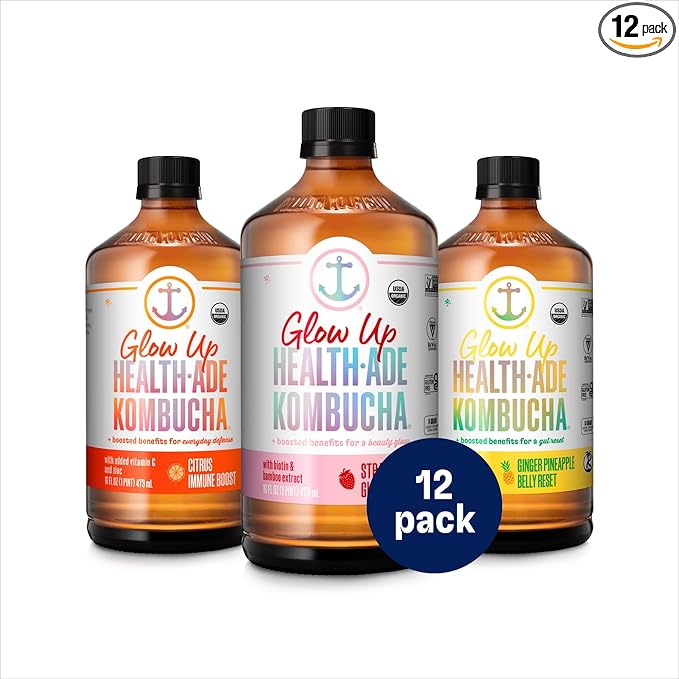 Health-Ade Kombucha Tea Organic Drink Fermented Tea with Living Probiotics Detoxifying Acids Supports Gut Health Non-GMO Vegan Gluten Free 12 Pack (16 Fl Oz Bottles) Glow Up Variety Pack
