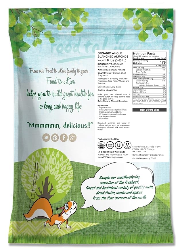 Food to Live Organic Blanched Whole Almonds 8 Pounds - Non-GMO Raw Unpasteurized Unsalted Keto Paleo Kosher Bulk High in Protein Dietary Fiber Vitamin E Manganese and Riboflavin.