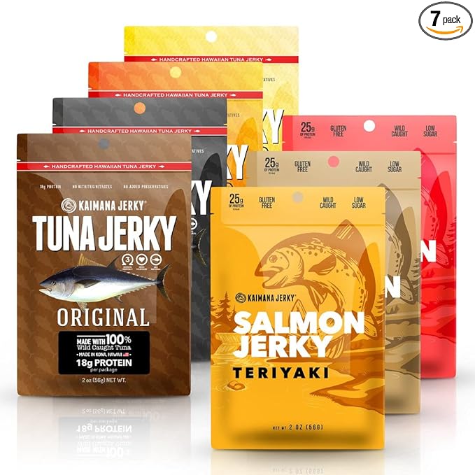 Kaimana Jerky Ahi Tuna &amp Salmon Sampler Pack - All Natural &amp Wild Caught Fish Jerky. Made in USA. 23g Protein Omega-3's and Low Sugar