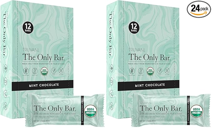 Truvani Plant Based Snack Bars | Chocolate Mint 24 Pack | 7g Protein | USDA Organic and Vegan | The Only Bar | Dairy Soy and Gluten Free | Individually Wrapped