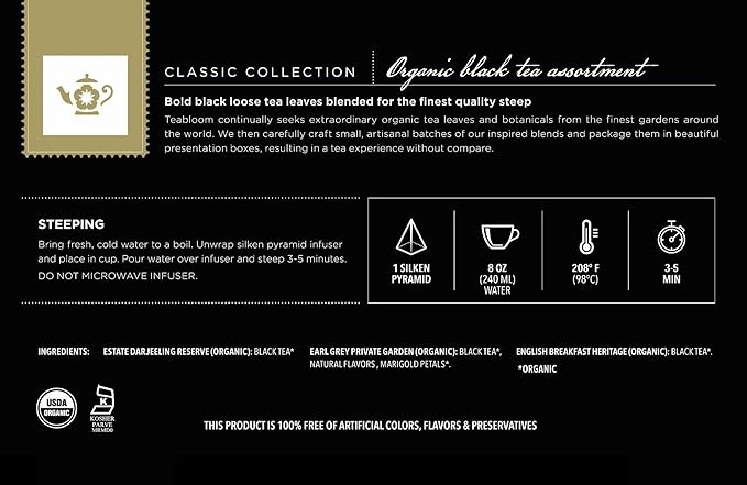 Teabloom Classic Black Teas – Organic Assortment with 12 Plant-Based Pyramid Sachets Earl Grey Darjeeling &amp English Breakfast Elegant Presentation Box for Tea Enthusiasts