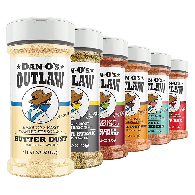 Dan-O's Outlaw Seasoning 6 Bottle Set- Butter Dust Butter Steak Spicy BBQ Sweet Caribbean Sweet &amp Tangy BBQ and Blackened Bloody Mary Seasoning