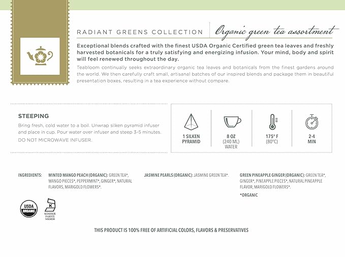 Teabloom Radiant Greens – Organic Green Tea Sampler with 12 Plant-Based Pyramid Sachets Jasmine Pearls Minted Mango Peach &amp Pineapple Ginger Gift-Ready Presentation Box for Tea Lovers