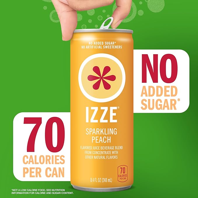 IZZE Sparkling Juice Beverage Blend Peach No Sugar Added 8.4 FL OZ 24 Cans