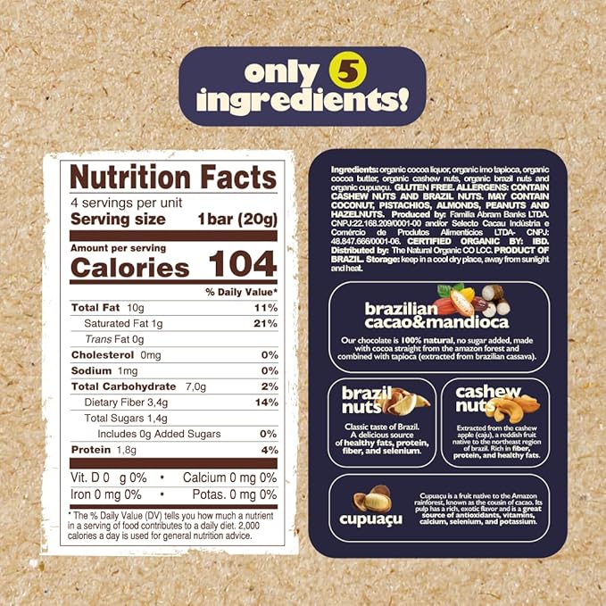 Naturanic Brazilian Dark Chocolate Bar Cupuaçu and Brazil nuts cream filling Sugar Free Keto Friendly Vegan All Natural Organic Non GMO Gluten Free - Pack of 6