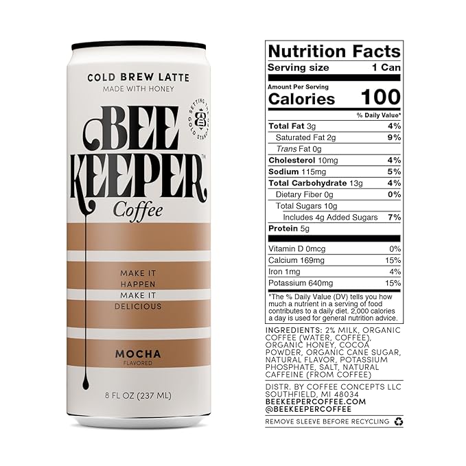 Beekeeper Mocha Latte Cold Brew Coffee Drinks with Oregon Honey | 12 Pack Refreshing Iced Coffee - Unsweetened &amp Strong Arabica Brew 8 fl oz Ready-to-Drink Can - 180mg Natural Caffeine