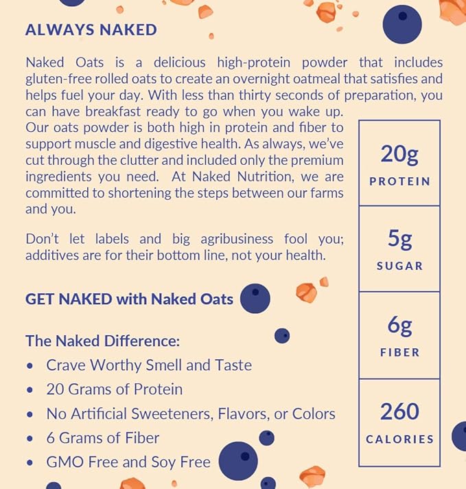 Naked Oats - Blueberry Cobbler Overnight Oats 20g Grass-Fed Protein Gluten-Free Oatmeal Instant Breakfast or Shake High Protein Oatmeal High Fiber Breakfast Shake Non GMO No Soy - 12 Servings