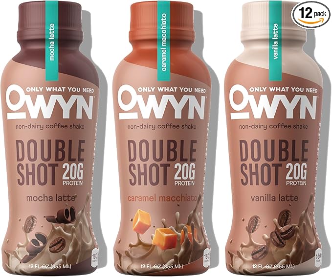 OWYN Only What You Need Double Shot Mocha Latte Vanilla Latte and Caramel Macchiato Flavored Protein Shake 20g Protein 0g Sugar 3g Fiber 180mg Caffeine Dairy Free Plant Based Protein 12 CT