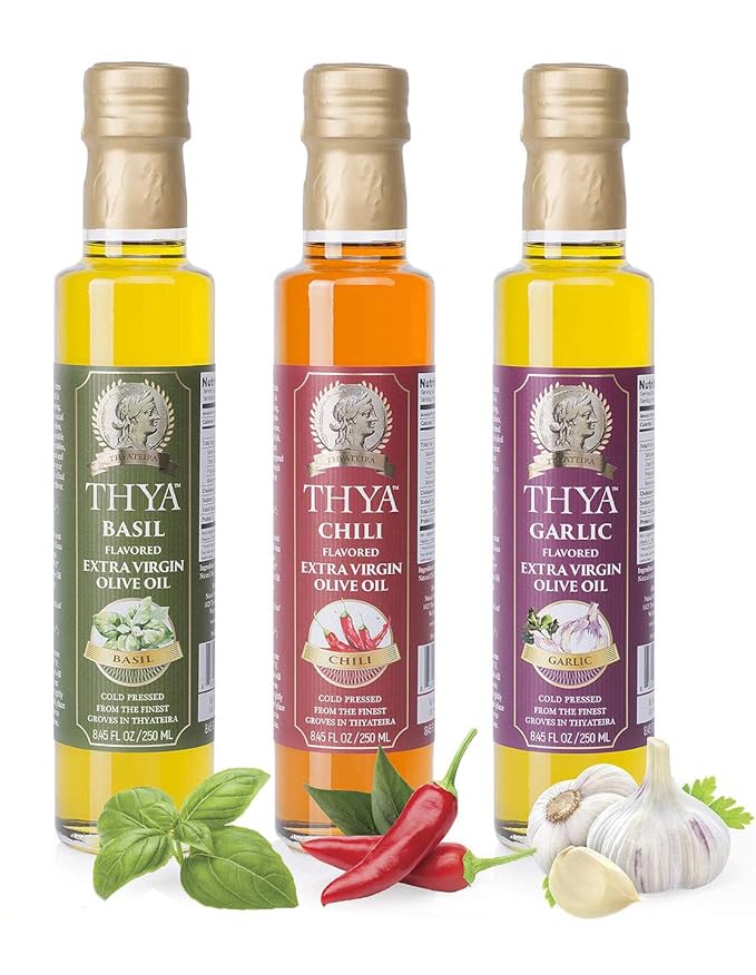 Thya Flavored Extra Virgin Olive Oil Variety Pack: Garlic Chili Pepper Basil | First Cold Pressed Olives | EVOO Value Pack | 3 Bottles of 8.45 Fl oz each | Total 25.35 Fl oz