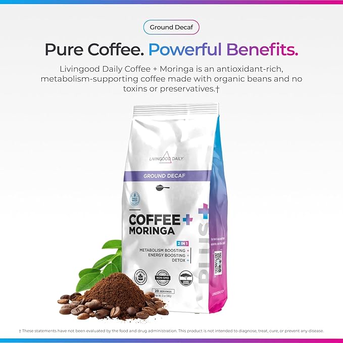 Livingood Daily Coffee with Moringa Ground Decaf Coffee with Plant Based Ingredients for Daily Wellness Made with Moringa Powder Organic Non GMO Vegan Gluten Free 20 Servings 12 oz Bag