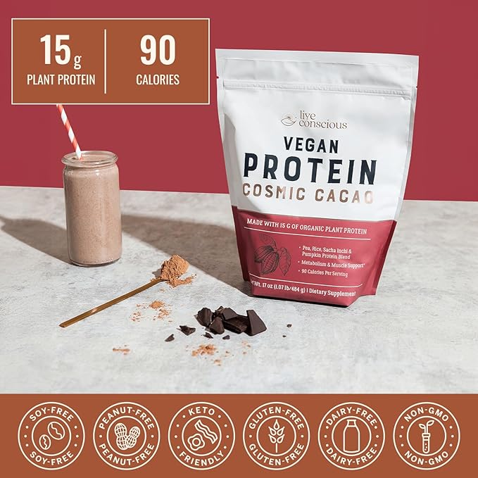 Live Conscious Cosmic Cacao - Organic Vegan Protein Powder Chocolate Flavor Plant-Based Blend - Pea Protein Brown Rice Pumpkin Sacha Inchi - 20 Servings 17 oz