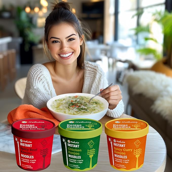 Hethstia Konjac Noodle 6-Pack Pre-cooked Low Carb Shirataki Pho Soup Variety Flavor (Chicken Spicy Curry Spicy Beef)- Low-Calorie Sugar-Free Vegan Gluten-Free 34.32oz Keto-Friendly Asian Meal
