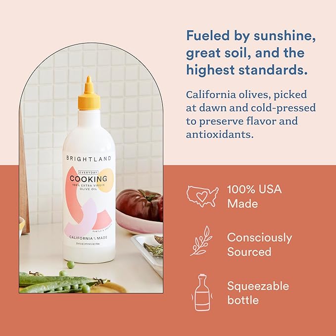 Brightland Everyday High-Heat Cooking Oil Roasting Grilling &amp Baking - 100% Extra Virgin Olive Oil with Squeeze Bottle - High Polyphenol - Sourced from California Family Farms - 750ml