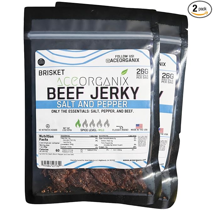 Ace Organix Brisket Beef Jerky Salt &amp Pepper – Classic Dry Style Jerky – Premium High Protein Snack – Clean Ingredients No Added Nitrates – Made in USA (2 Pack)