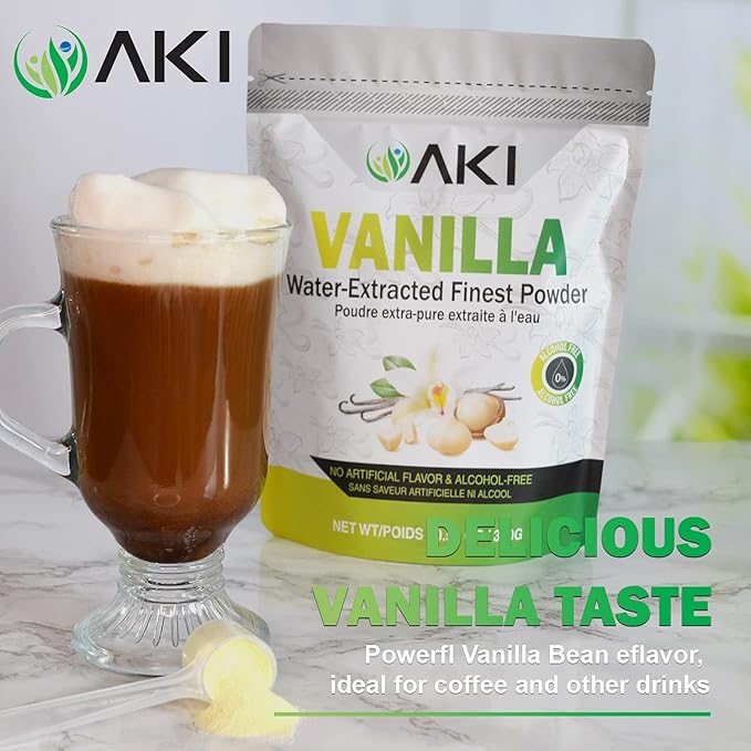 AKI Vanilla Extract Powder from Authentic Beans for Delicious Flavoring Cooking Baking Drinks Tea Coffee Smoothies Cocktails - Sugar-Free &amp Alcohol-Free (10.58OZ/300g)