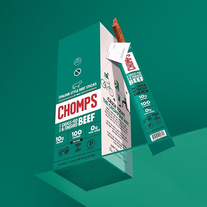 CHOMPS Grass Fed Beef Jerky Meat Snack Sticks AIP Diet Compliant Keto Paleo Whole30 Approved Low Carb Gluten Free Sugar Free Non-GMO 90 Calories 1.15 Oz Stick Italian Beef 10 Pack