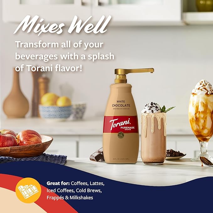 Torani Puremade White Chocolate Sauce for Coffeehouse Drinks and Desserts Large 4lb Bottle Pump Included 64 Fl Oz