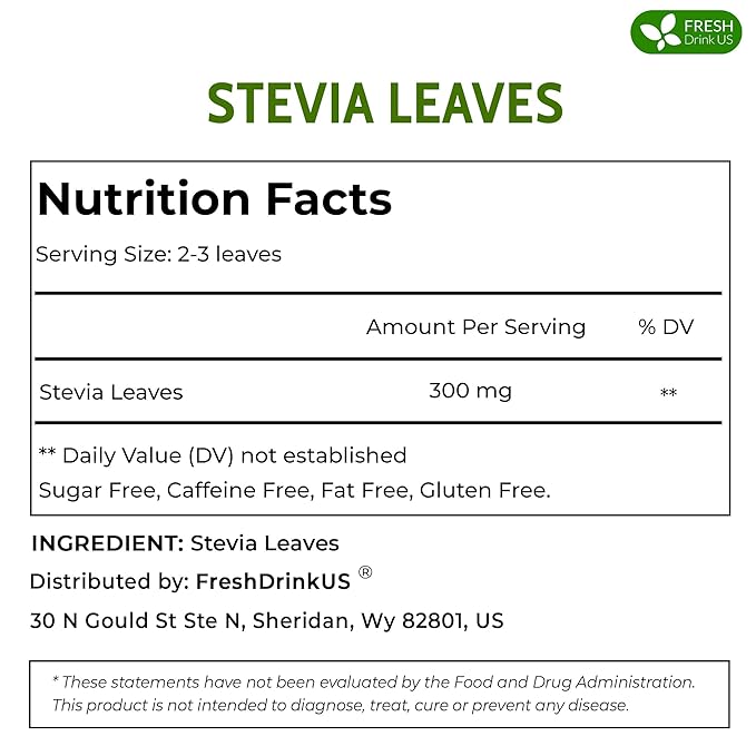 FreshDrinkUS Premium 500+ Natural Stevia Leaves Whole Dried Leaves 100% Pure Stevia Dried Leaves Zero Calorie Sweetener No Additives No Caffeine Vegan