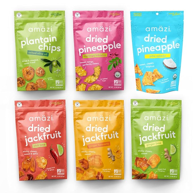 Amäzi Foods | Variety Dried Fruit Snack Pack | Dried Pineapple Jackfruit Plantain Chips | All Natural Snacks | No Sugar Added Dried Tropical Fruit