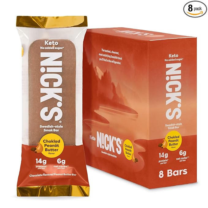 Nick's Smak Bar Protein Bar Chocolate Peanut Butter Eat Cold No Added Sugar Protein Keto Snack 14g Protein 6g net carbs 8 Count