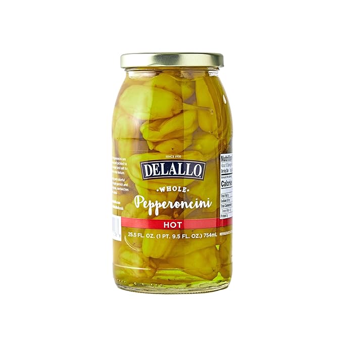 DeLallo Hot Greek Pepperoncini Whole Peppers 25.5 oz Jar Spicy Zesty Flavor Pickled Vegetables for Sandwiches and Snacking Non-GMO Kosher (6 Pack)