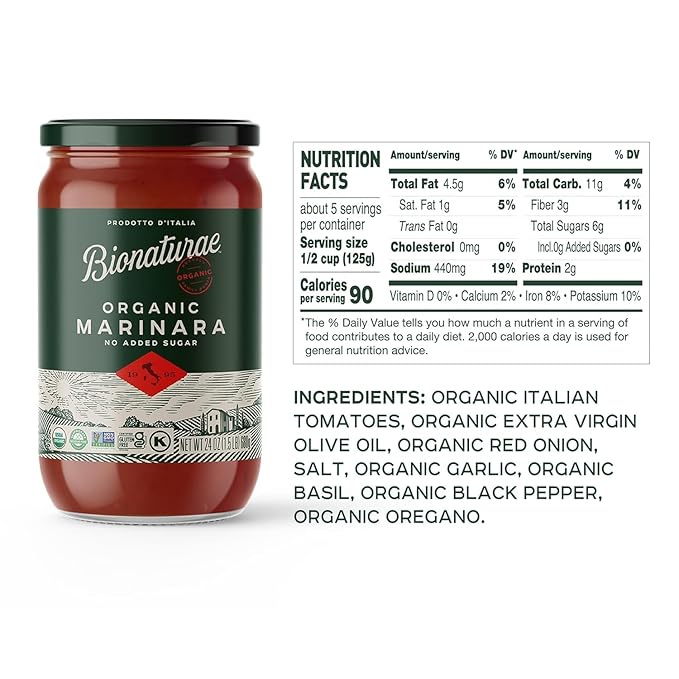 Bionaturae Organic Marinara Pasta Sauce- Tomato Sauce for Spaghetti Pizza &amp Lasagna Gluten Free Non GMO No Added Sugar Kosher Glyphosate Free Made in Italy Tastes Homemade- 24 oz Jar (2 P