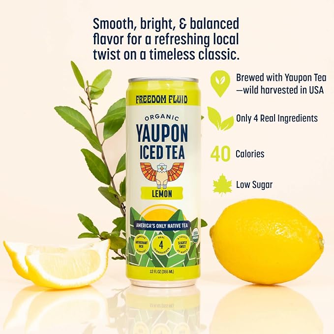 Freedom Fluid Organic Yaupon Iced Tea – Refreshing Lemon | Perfect Fall Beverage | Lightly Sweetened Low Sugar Low Calories Real Brewed Tea Clean Ingredients Antioxidant Rich Natural Caffeine |