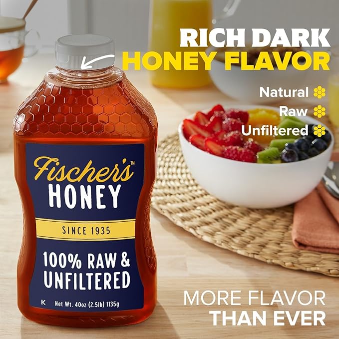 Fischer’s 100% Pure Raw &amp Unfiltered Honey – USA Made Honey – All-Natural Sweetener – Rich Flavor Profile Packed with Nutrients 40 oz (Pack of 2)