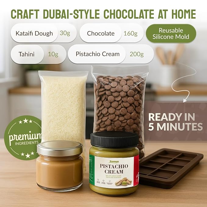 Viral Dubai Chocolate Bar Kit – Makes 14.10 oz of Bars Chocolate Mold Shredded Kataifi Pistachio Cream – DIY Gift Box Dubai Kit – Great Gift for Father’s Day