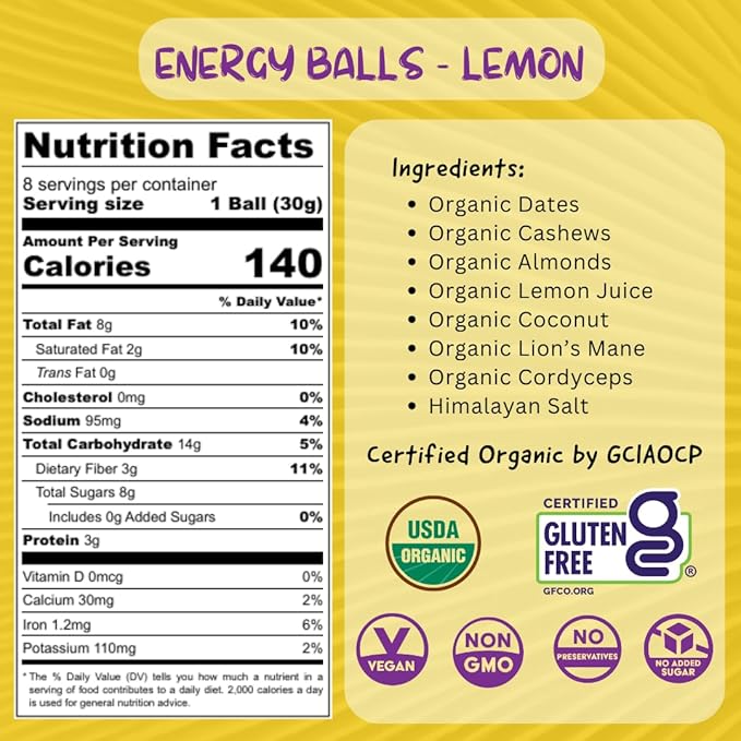 ODD BALLS Organic Energy Balls Lemon - Superfood Mushroom Snack - Running Cycling Hiking - Gels Bars Alternative - Lion's Mane Focus Cordyceps Energy - Vegan Gluten Free Snacks for Kids &amp Adu