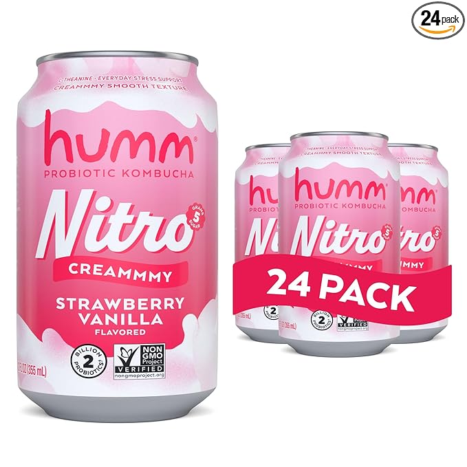 Humm Nitro Kombucha Strawberry Vanilla Creamy Smooth Probiotic Drink with L-Theanine Non-GMO Vegan Gluten Free 12 fl oz (Pack of 24)