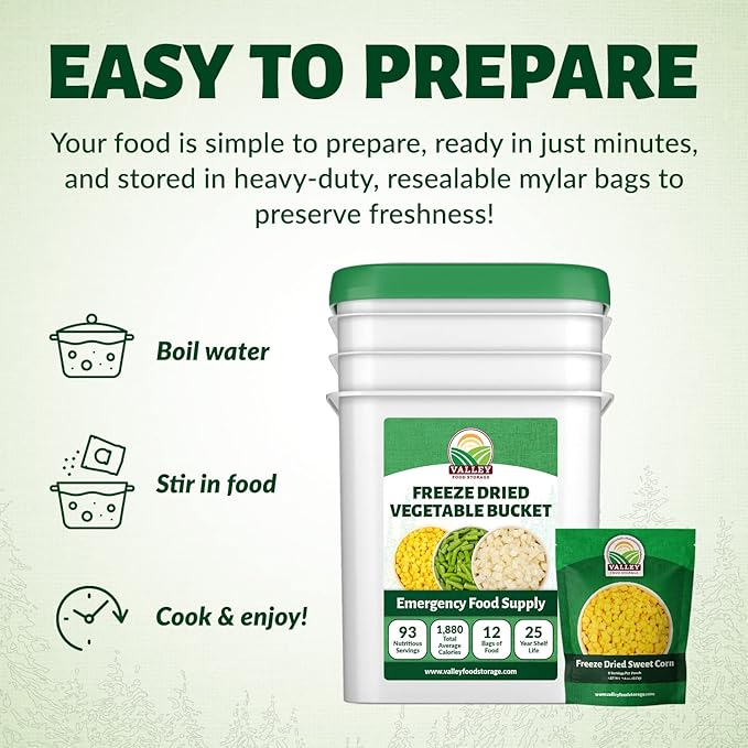 Valley Food Storage Freeze Dried Vegetable Bucket | 12 Pouches Mixed Vegetables | Premium Emergency Food Supply 25 Year Shelf Life | Survival Food for Camping Prepper Storage &amp Off-Grid Living