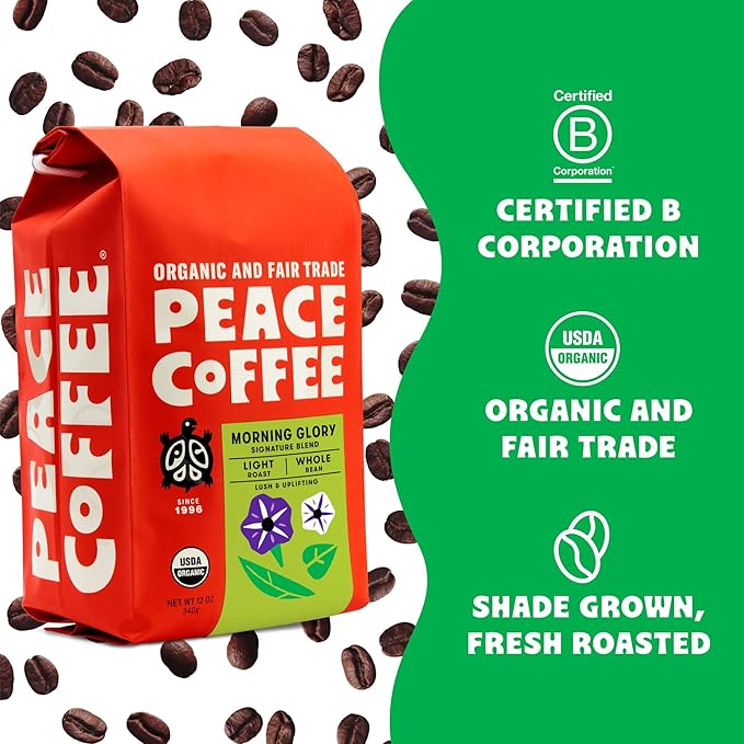 Peace Coffee Morning Glory Signature Blend | 20 oz Ground Light Roast | Organic Fair Trade | Smooth Mild Flavor | Shade Grown Fresh Roasted