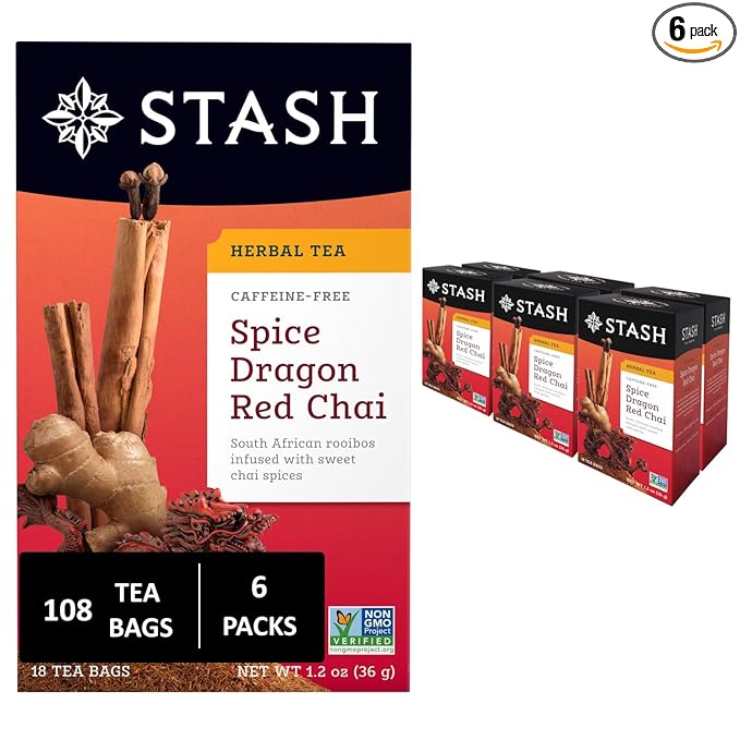 Stash Tea Spice Dragon Red Chai Herbal Tea Caffeine Free 18 Bags (Pack Of 6)