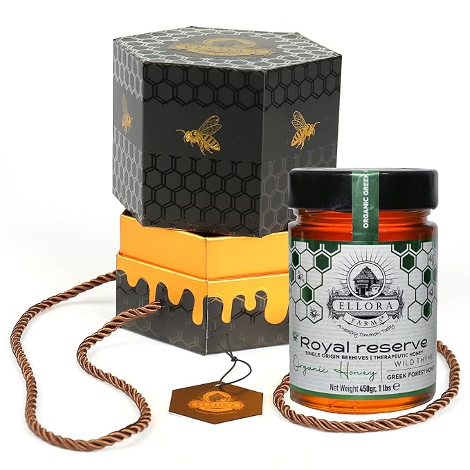 Ellora Farms Organic Honey Wild Thyme Raw Honey Greek Unfiltered Preservative and Additive Free Paris and Dubai Gold Awards Winner Gift Pack with Dipper - 450 g