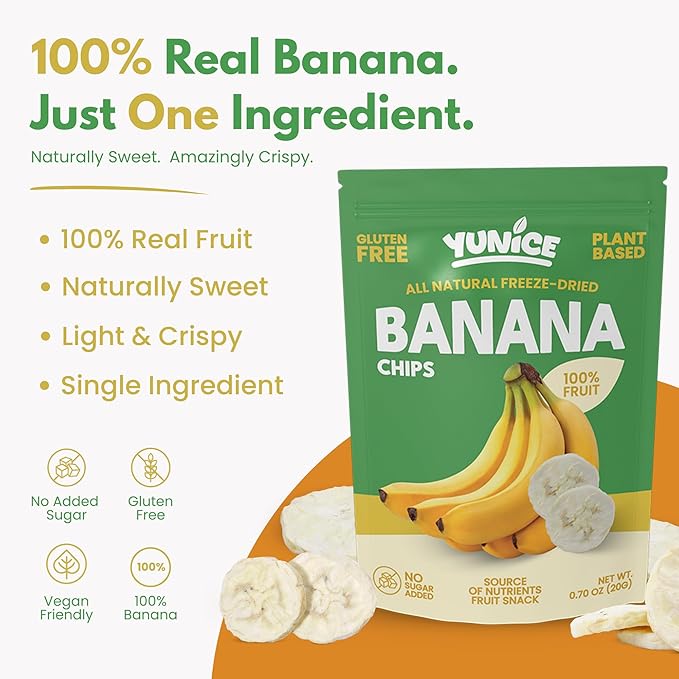 YUNiCE Freeze-Dried banana chips 100% Real Fruit Single Ingredient Snack Naturally Sweet &amp Crunchy No Sugar Added Gluten Free Plant-Based On-The-Go Packs BANANA 0.70 Ounce (Pack of 12)