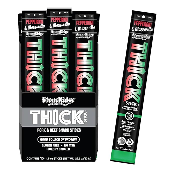 THICK STICK - STONERIDGE OLD-FASHIONED QUALITY PEPPERONI &amp MOZZARELLA - Hickory Smoked Pork and Beef Snack Sticks Gluten Free No MSG 15 Count THICK 1.5 oz Sticks High Protein Soy Free 15 Co