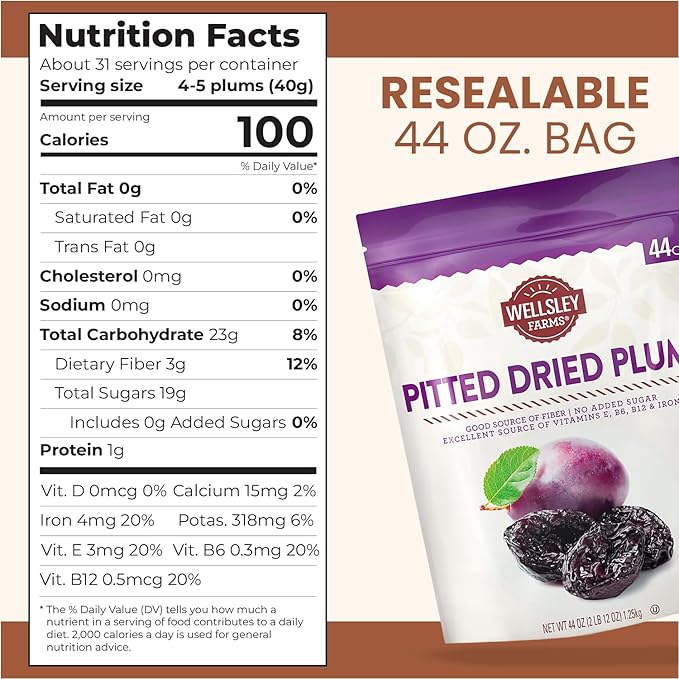Wellsley Farms Gourmet Dried Plums - Gluten Free and Kosher Certified - Dry Prunes With Fiber Plus Added Vitamins B6 B12 E and Iron - Ideal for Travel School &amp Office Snacks - 44 oz Resealable