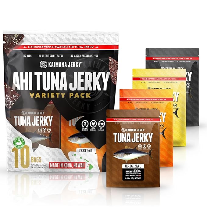 Kaimana Jerky Ahi Tuna Sampler Bundle - All Natural &amp Wild Caught Tuna Jerky. Made in USA. 9g Protein &amp Good Source Of Omega-3's (10 pack 0.50 oz)