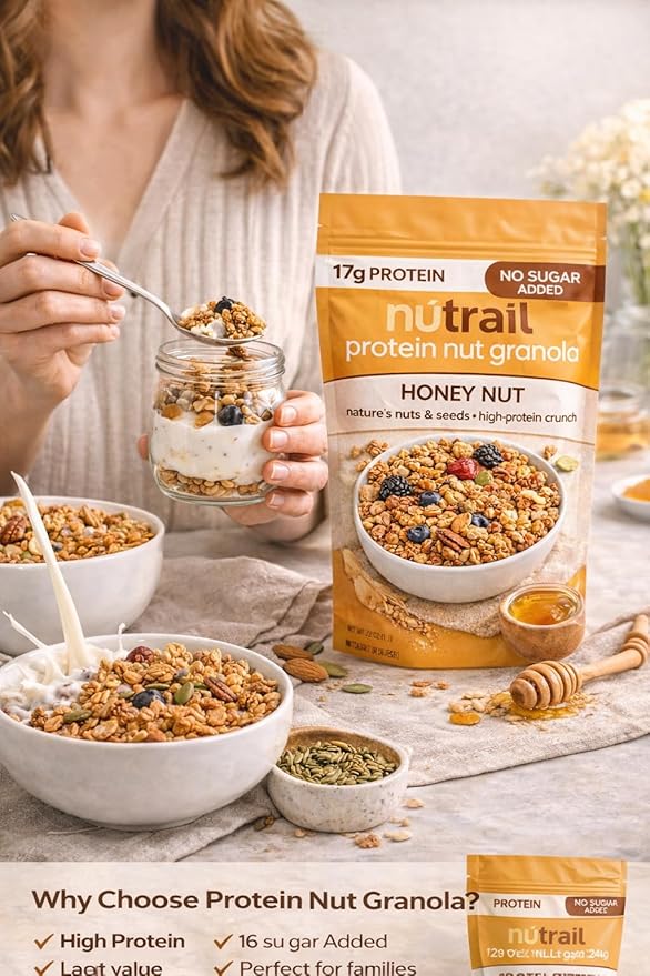 Protein Nut Granola Honey Nut – 17g Protein No Sugar Added Made with Whey Protein Nuts &amp Seeds Keto Certified Gluten-Free Grain-Free Kosher 1g Sugar High Protein Crunch – 22 oz Resealable