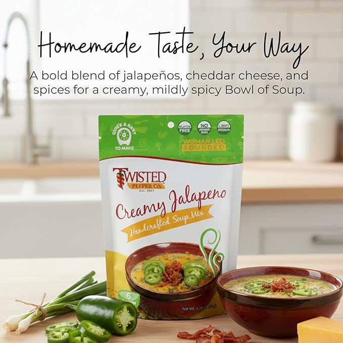 Twisted Pepper Co. Creamy Jalapeño Dry Soup Mix – Handcrafted Homestyle Creamy Soup Gluten-Free Rich Flavor with Jalapeños Bacon Bits Green Chilies Cheddar Cheese – Serves 6