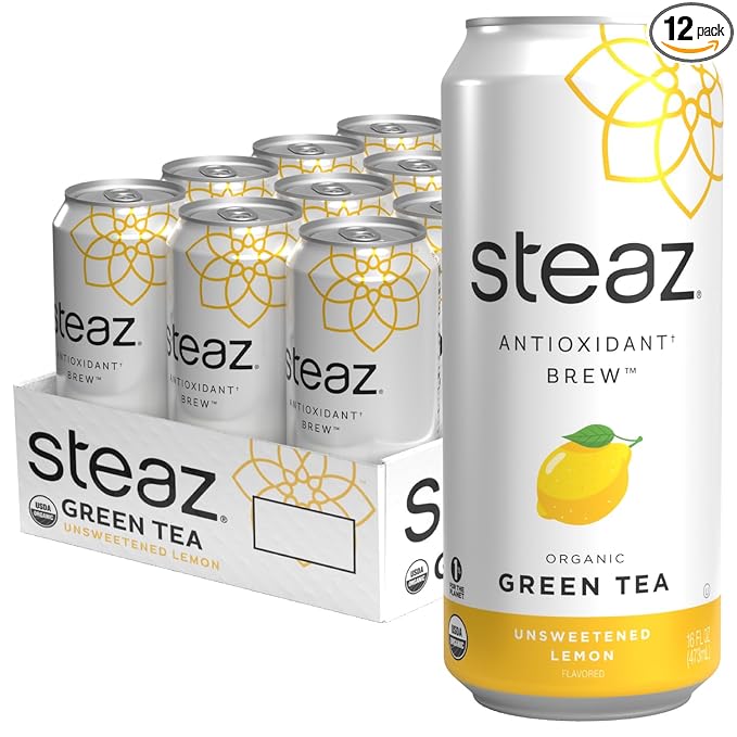 Steaz - Organic Green Tea - Unsweetened Lemon (12 Pack) - Antioxidant Brew - 65mg Natural Caffeine Zero Sugar 0 Calories Vitamin C - Unsweetened Iced Tea - Vegan - 12 Cans 16 fl oz (473mL)