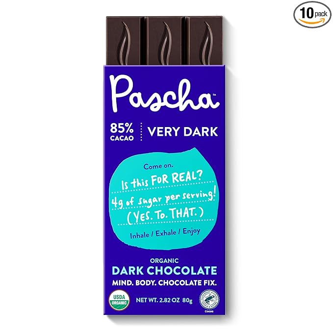 Pascha Organic Dark Chocolate Bars 85% Cacao Gluten Free &amp Non GMO 2.82 oz (Pack of 10)