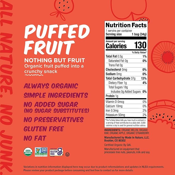 Made In Nature Organic Puffed Fruit Medley 1.2 Ounce (Pack of 6) – Fruit Variety Pack Vegan Snack Non-GMO Gluten Free