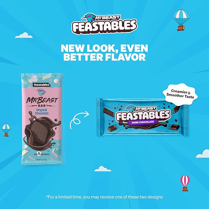 MrBeast Feastables Original Dark Chocolate Bar King Size 10 Count Rich Dark Chocolate Candy Fairtrade Cocoa 2.1oz Each