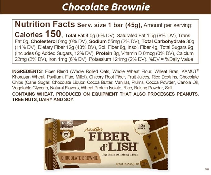 NuGo Fiber d'Lish Chocolate Brownie 12g High Fiber Vegan 150 Calories 16 Count
