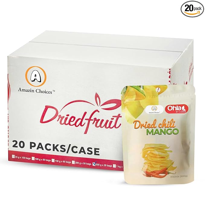 Dried Chili Mango by Amazin Choices Premium Spicy Mango Strips Vegan Non GMO and Gluten Free. Large Pack of Dried Fruit Snacks for Office - Snack Viet - 1 Case - Pack of 20 (352.6 Oz)
