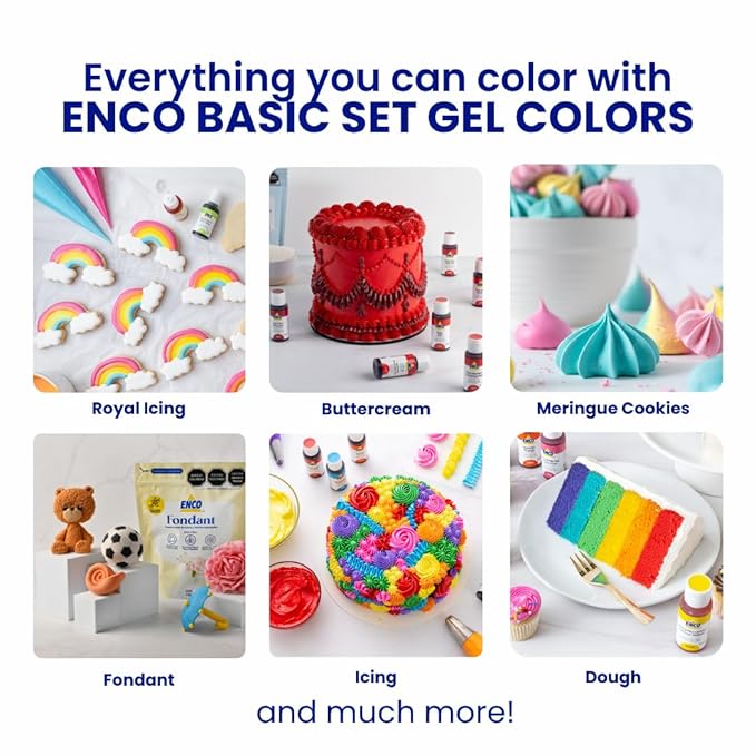 ENCO 9 Basic Food Coloring Gel Set 1.41 oz each (40 g) Concentrated Vegan Includes Color Mixing Guide